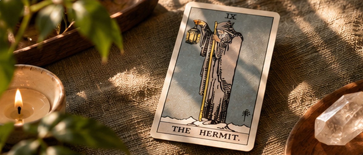 The Hermit tarot card on a wooden table