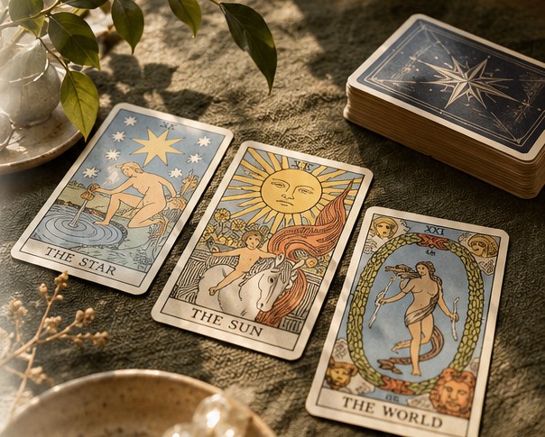 Classic illustrated tarot cards arranged on an olive cloth