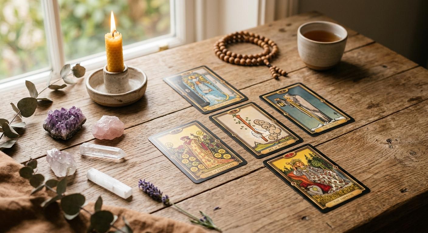 Five tarot cards on a wooden table beside a candle and tea in natural window light