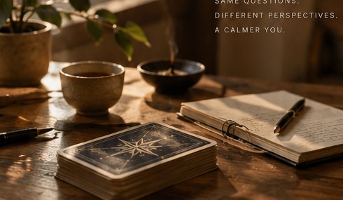 Tarot reading table with a deck, notebook and warm natural light