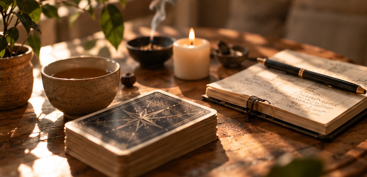 Warm tarot reading table with cards, tea, candle and notebook